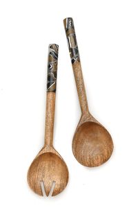 Nouvel arrivage : Ensemble de service à salade en émail design avec manche en bois naturel imprimé émail, ustensiles de service à salade à prix de gros - Product Image 2