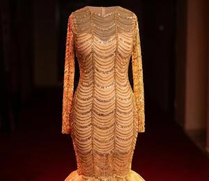 Robe de soirée sirène haut de gamme en perles dorées à manches longues, robe de mariée de luxe pour réception, sur mesure, vente en gros - Product Image 1