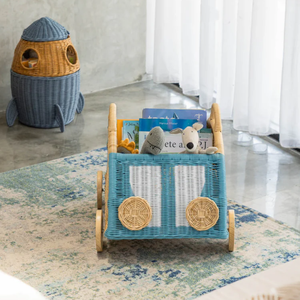 Eco Friendly Natural Rattan Children <b>Toy</b> Organizer Wagon <b>Basket</b> Cart Handcrafted Wicker Rolling <b>Storage</b> <b>Basket</b> For Kids - Product Image 1