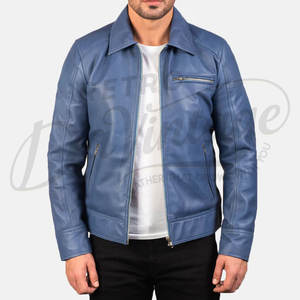 เสื้อแจ็คเก็ตหนังแท้สีฟ้าสำหรับผู้ชาย พรีเมียม ทรงคลาสสิก คอปกเสื้อเชิ้ต ทรงเข้ารูป หนังแท้เนื้อนุ่ม สวมใส่สบาย เหมาะสำหรับฤดูหนาว - Product Image 6