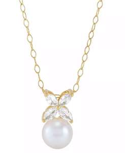 Perla cultivada de agua dulce (8mm) y zafiro blanco cultivado en laboratorio (3/4 CT. T. W.) Collar Colgante Flor En 14K Chapado En Oro Sterling Si - Product Image 1