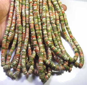 Perles de pierres précieuses naturelles Unakite Heishi en forme de disque, 6,5-7 mm, perles opaques percées au centre, 16 pouces, Unakite vert, pierres à facettes en forme de roue, pour bricolage - Product Image 5
