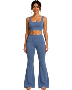 Manufacturer Customized Steel Blue Womens Yoga Set <b>Flare</b> <b>Leggings</b> And Sports Bra Seamless Fitness Gym Wear Activewear Outfit Set - Product Image 1