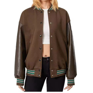 Chaqueta Universitaria de PU Marrón para Mujer, Estilo Casual con Botones, Chaqueta Deportiva de Béisbol, Corte Regular, para Otoño - Product Image 6