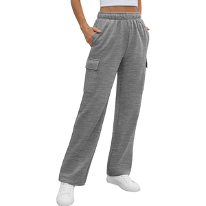 Pantalones de yoga grises profesionales para mujer, holgados, de pierna ancha, tipo cargo, de cintura alta, de forro polar, para gimnasio y entrenamiento. - Product Image 1