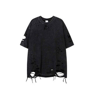 Camiseta Blanca Casual de Manga Corta para Hombre, Cuello Redondo, Estilo Desgarrado, Logotipo Frontal, Estilo Urbano, 100% Algodón, Tela de Lona - Product Image 4