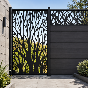 Portail d'entrée moderne en métal noir avec panneaux à lattes horizontales à motif d'arbre découpé au laser et design extérieur contemporain élégant - Product Image 1
