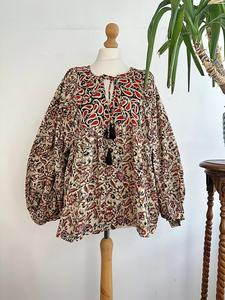 Blusa Bohemia informal Top Algodón puro Estampado floral terroso Indio Bagru Block Camiseta sin mangas bordada Ropa de día de verano - Product Image 2