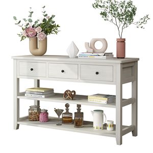 Consolle Antica Bianca con Gambe in Legno, 3 Cassetti e 2 Ripiani Aperti, Tavolo da Ingresso/Divano in Pino per Appartamenti - Product Image 2