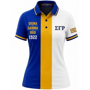 เสื้อโปโลผู้หญิงกรีก 3 แถบ สีน้ำเงินรอยัล เหลือง ขาว ลายปัก ซิกมาแกมมาโร ดีไซน์พรีเมียม สำหรับสวมใส่ลำลองในกลุ่มสัตราภิษัพ - Product Image 1