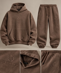 Ensemble survêtement streetwear homme marron oversize avec broderie personnalisée, coton épais, deux pièces - Product Image 6