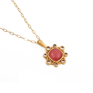 Pink Cat's Eye Pendant Gold Plated Necklace Vintage Statement Jewelry Birthstone gift for Her - Product Image 2