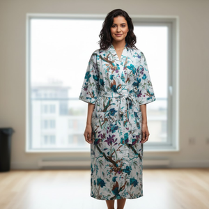 Bata Kimono de Algodón Gris Floral para Mujer, Manga Larga, Ropa de Dormir, Bata de Baño Larga con Cinturón Ajustable - Product Image 2