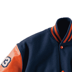 Veste varsity bleu marine pour homme, patchwork, manches en PU orange, logo brodé lettre C sur le devant, style preppy, écologique - Product Image 3