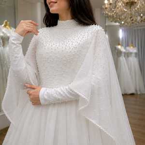 Luxury <b>White</b> Pearl Beaded Ball Gown for Women | Elegant High Neck Long Sleeve Evening Dress Watteau Train Flowing Chiffon <b>Cape</b> - Product Image 4