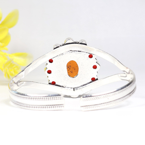 Top Quality Amber and <b>Red</b> Gemstone Cuff <b>Bracelet</b> Custom Opaque Stone Cluster Silver Plated Fashion Jewelry for Bulk Suppliers - Product Image 4