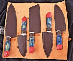 Ensemble de couteaux de cuisine professionnels en acier Damas, 5 pièces, faits à la main, manche en Micarta, étui en cuir, vente en gros, couteaux pliants professionnels - Product Image 3