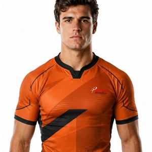 Camiseta de Rugby Sublimada con Diseño Geométrico Naranja y Negro para Hombre, Manga Corta, Ajustada, Transpirable, Cuello en V, Ropa Deportiva con OEM - Product Image 4