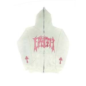 Micah Corporation Custom New Gothic <b>Zip</b>-<b>Up</b> Unisex Black Cotton Knitted Oversized Winter Hoodie <b>White</b> Letter Logo Cross Print - Product Image 3