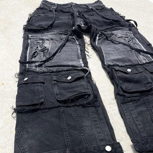 EXITO INTL <b>Men's</b> Black for Wash Distressed Denim Cargo Pants Multiple Pockets Frayed Edges High Waist <b>Drawstring</b> Closure - Product Image 2