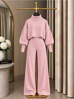 Ensemble deux pièces pour femmes, pantalon à jambes larges, haut court à col roulé et manches bouffantes, tenue élégante et décontractée pour l'automne et l'hiver