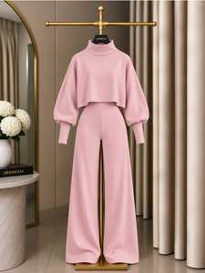 Women’s Two Piece Wide Leg Pants Set <b>Cropped</b> <b>Turtleneck</b> Puff Sleeve <b>Top</b> Elegant Casual Autumn Winter Outfit - Product Image 5