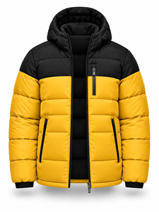 Men's <b>Yellow</b> Black Hooded Puffer <b>Jacket</b> <b>Waterproof</b> Windproof Casual Zipper Front Logo Polyester Wadding Winter Regular Length - Product Image 4