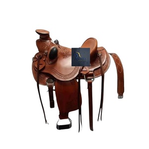 Selle Western en cuir marron avec décorations florales et tressées, siège rigide, sangles Latigo, accessoires en acier inoxydable, de 10 à 18 pouces - Product Image 1