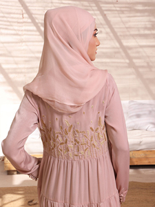 Pink Embroidered Cotton Abaya Long Sleeve Floor Length Modest Dress For Women Middle East Style Daily Wear - Product Image 2