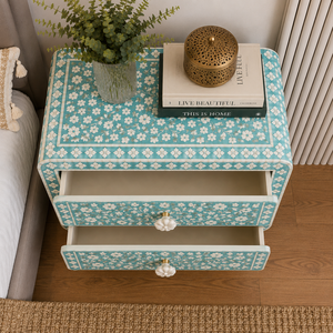 Handcrafted Floral Resin Bone Inlay Nightstand With Drawers & Shelf Coastal Chic Cabinet <b>Bedside</b> End <b>Table</b> Luxe Interior Decor - Product Image 6