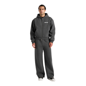 Men's Full <b>Zip</b> Hooded Tracksuit With Wide Leg <b>Trousers</b> Drawstring Waist <b>Side</b> Pockets Open Hem Relaxed Two Piece Wholesale Custom - Product Image 1