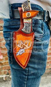 Cuchillo de caza OEM Wirecut de acero de Damasco, tipo Skinner, con mango de asta de ciervo, gancho para desollar, hoja fija, para camping, actividades al aire libre y EDC, con funda de cuero - Product Image 5