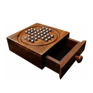 Handcrafted Wooden Peg Solitaire Board Game Featuring Metal Marbles And Storage Drawer For Modern <b>Puzzle</b> Strategy For Family Fun - Product Image 1