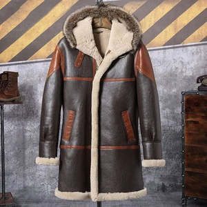 Veste en cuir véritable pour homme avec doublure en fausse fourrure, fermeture éclair à capuche, coupe-vent, manteau d'hiver, coupe classique, style moto - Product Image 5