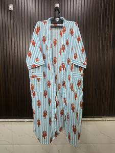 Robe longue en coton pour femmes, imprimé homard, rayée, manches trois quarts, col en V, peignoir décontracté avec fermeture à cordon - Product Image 5