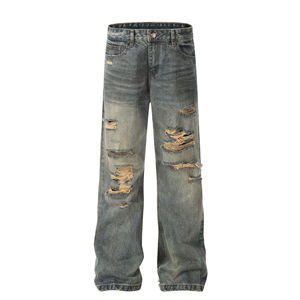 Jeans Personalizados 100% Algodón, Cintura Media, Estilo Urbano, Unisex, Talla Grande, Desgastados, Rotos, con Efecto Lavado para Hombre - Product Image 1