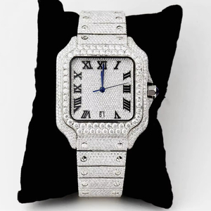 Reloj Plateado Completamente Cubierto de Diamantes con Números Romanos Negros, Reloj Mecánico Automático Cuadrado, Reloj de Lujo con Diamantes, Estilo Vintage Hip Hop - Product Image 1