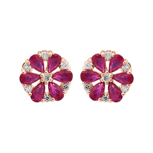 Boucles d'oreilles florales en or blanc 14 carats avec rubis naturel en forme de poire |   Bijoux fins vintage en forme de grappe de diamants, cadeau pour femmes - Product Image 3