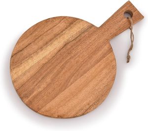 Tabla de cortar redonda de madera de acacia con asa, rústica, para picar y servir, para charcutería, queso, pizza, pan, para exportación - Product Image 1