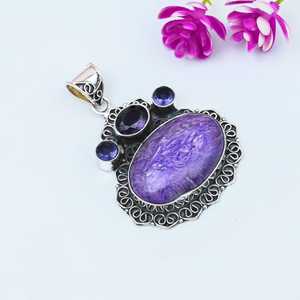 Pendentif élégant en Charoïte, argent sterling 925, bijoux en pierres précieuses faits à la main, cadeau de fiançailles vintage, certifié par un tiers, pour homme NIKHIL - Product Image 3