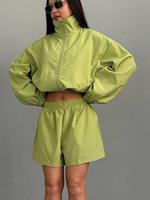 Ensemble de survêtement sportif deux pièces pour femme, manches longues, fermeture éclair, maille 140g, coupe ample, couleur unie, polyester tissé, printemps-été