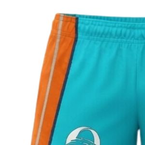 Shorts de netball unisexe turquoise et orange sublimés, en polyester, coupe athlétique, vêtements de sport avec panneau latéral rayé, tenue de match d'équipe - Product Image 4