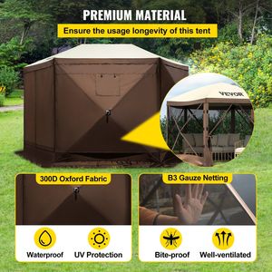 Tenda da campeggio portatile da 12x12 piedi a 6 lati in rete a baldacchino marrone/Beige per finestre porta borse con grande riparo ombreggiante per prato all'aperto - Product Image 5
