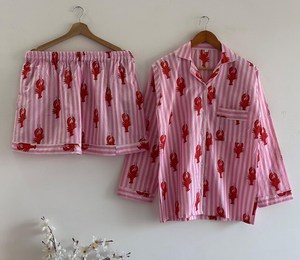 Pijamas de Algodón Estampado a Rayas Rosas de 2 Piezas para Mujer, Manga Larga, Cuello Camisero, Ropa de Dormir Informal para Verano - Product Image 1