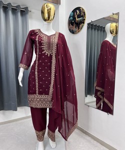 Low Price Premium Fancy Ethnic Wear Kurti Sharara Dupatta <b>Set</b> Dubai Style Party Wear Quick Dry Maroon 81038 AC-7084 7094 - Product Image 2