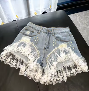 Shorts de Mezclilla de Cintura Alta con Volantes de Encaje, Estilo Dulce, Jeans de Verano para Mujer, Transpirables, Lavados con Piedras, Azul Claro - Product Image 1