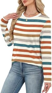 Camiseta de Punto a Rayas de Manga Larga para Mujer, Cuello Redondo, Corte Holgado Informal, 100% Algodón, para Primavera/Verano, Camisetas de Manga Larga OEM - Product Image 5
