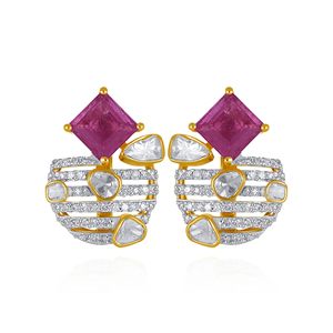 Boucles d'oreilles clous en or jaune 14 carats avec rubis et diamants de laboratoire, taille princesse, bijoux fins pour femme - Product Image 1
