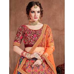 Lehenga Choli semi-cousu brodé de couleur bleu-rouge flamboyant pour mariage par Zeel Clothing - Product Image 5