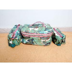 Elegant Handcrafted 3pc Quilted Vanity Pouch Set Organic Cotton Floral Motifs Water-Resistant Lining Multipurpose Storage Bags - Product Image 1